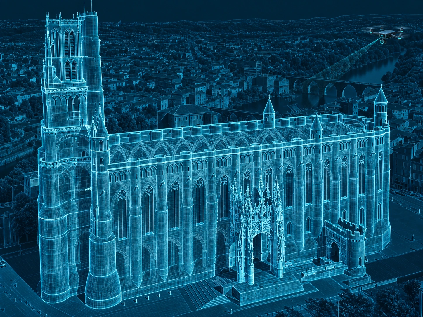 Illustrative X-ray wireframe of Albi Cathedral, showing suggested interior arches through transparent outer walls, with a survey drone overhead.