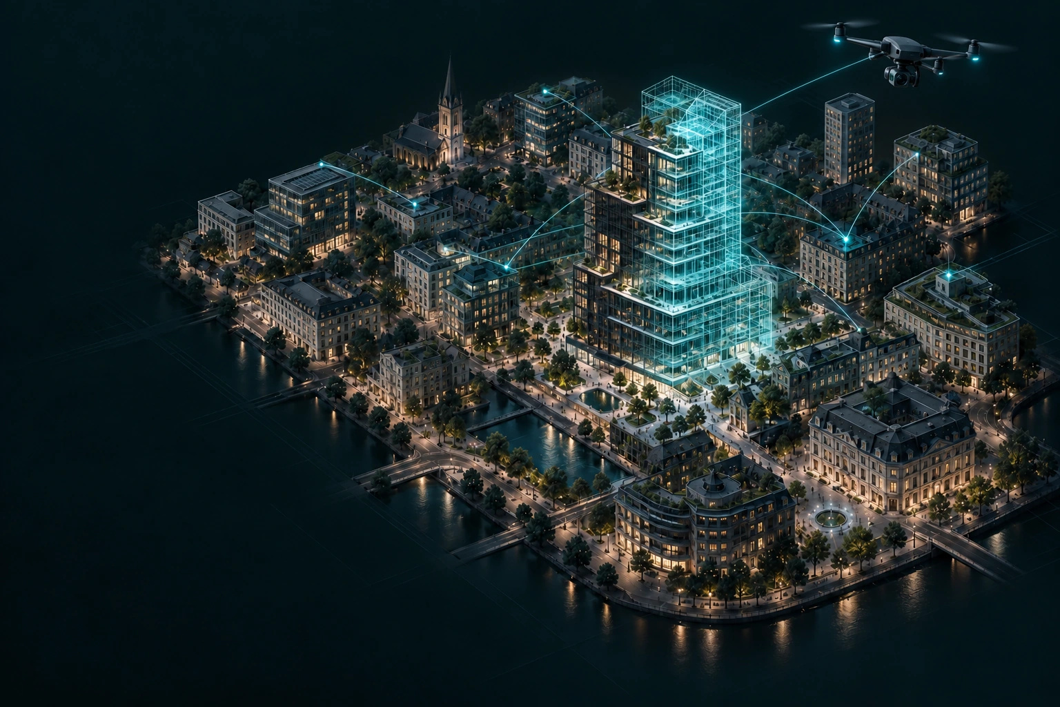 A survey drone above a city district transitioning from physical architecture to a cyan digital twin.